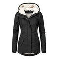 Women's fleece lined hooded parka in black with drawstring hood and button pockets for winter wear