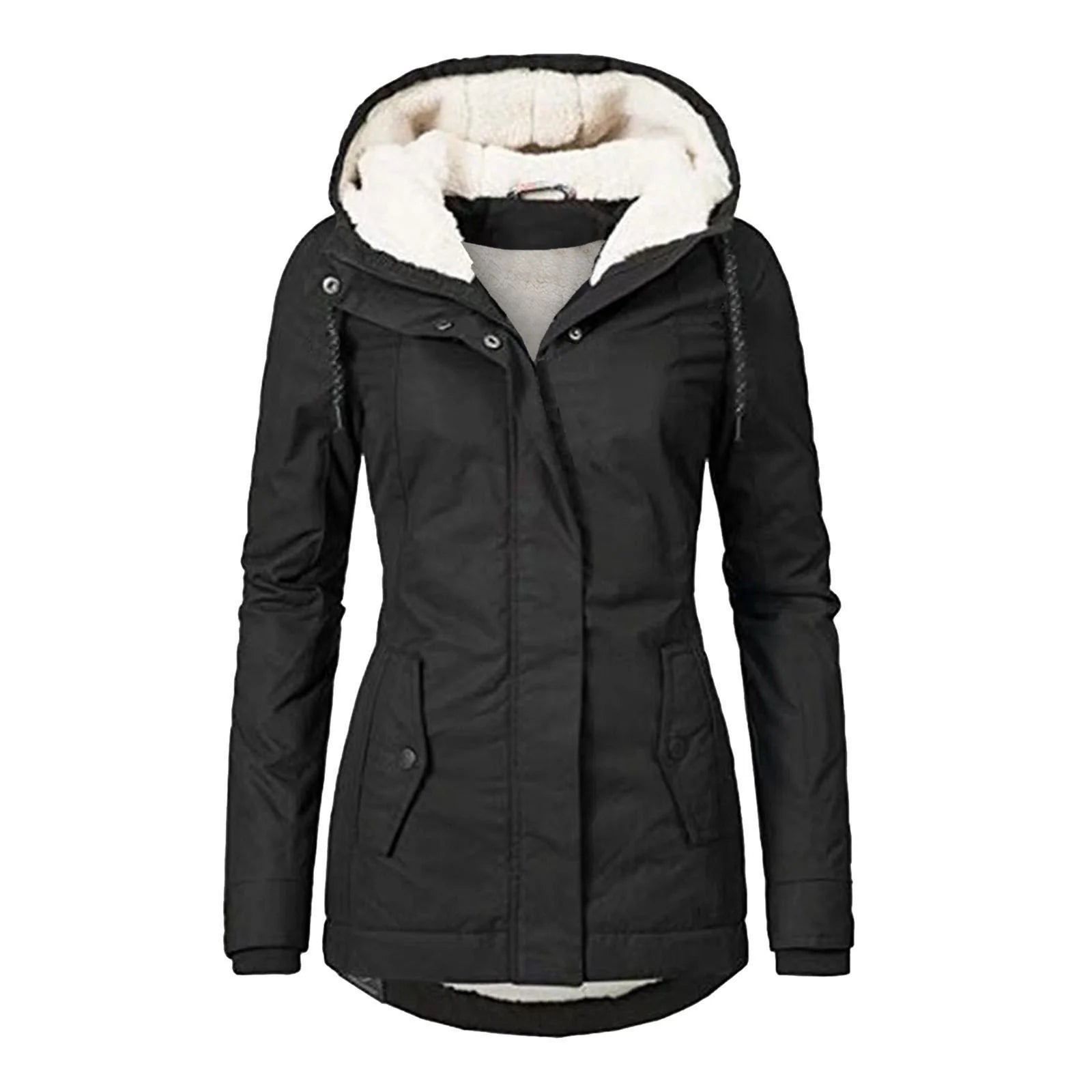 Women's fleece lined hooded parka in black with drawstring hood and button pockets for winter wear