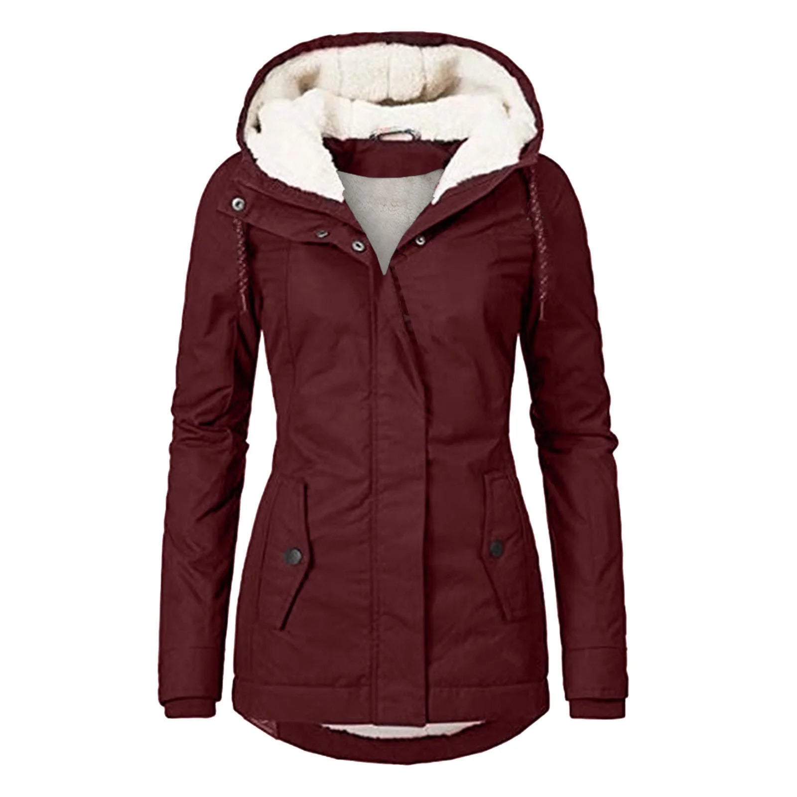 Close-up view of women's hooded parka showing fleece lining and curved hem silhouette detail