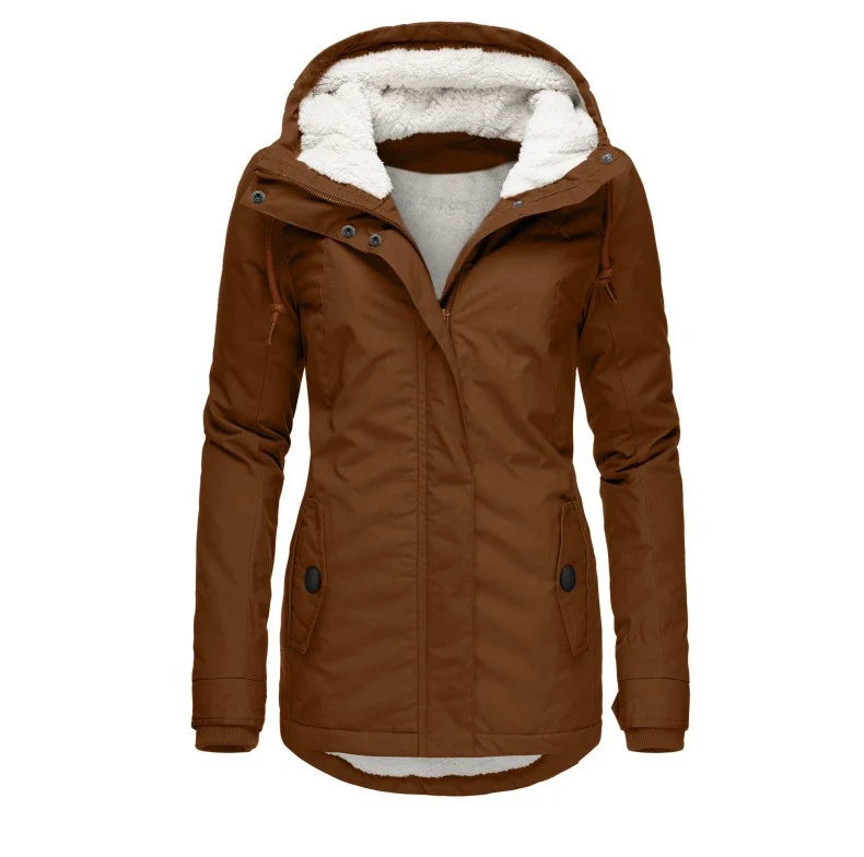 Side view of women's winter parka featuring button-fastening pockets and relaxed fit design