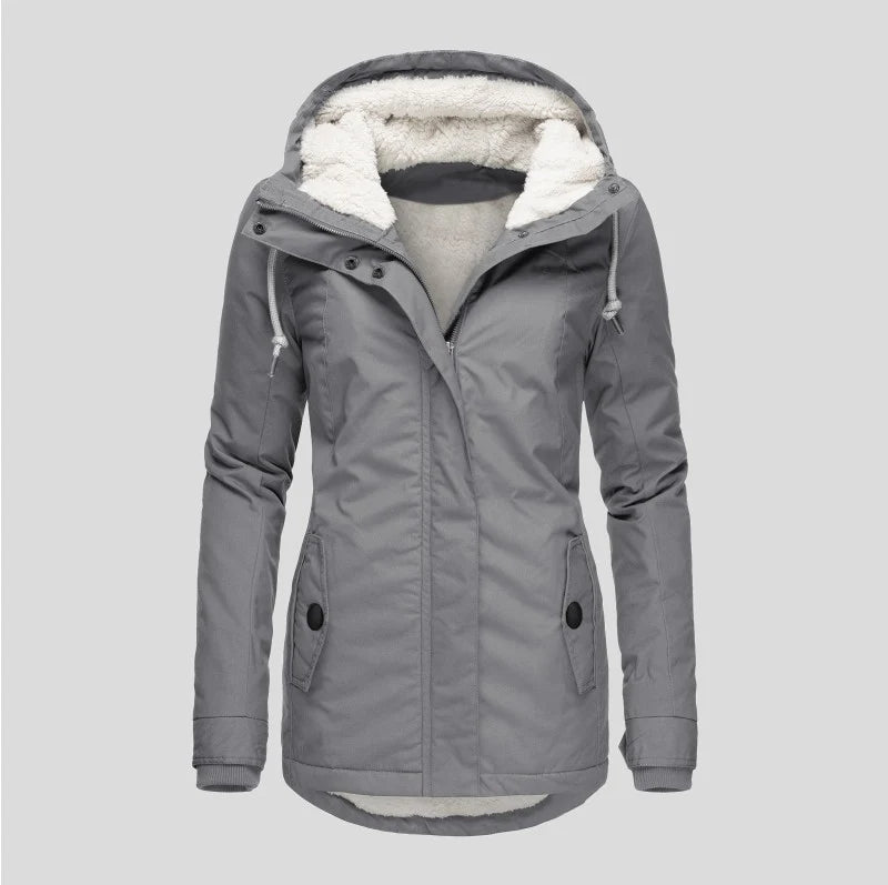 Women's black hooded parka with adjustable drawstring hood for cold weather protection