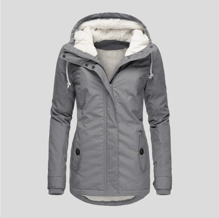 Women's black hooded parka with adjustable drawstring hood for cold weather protection