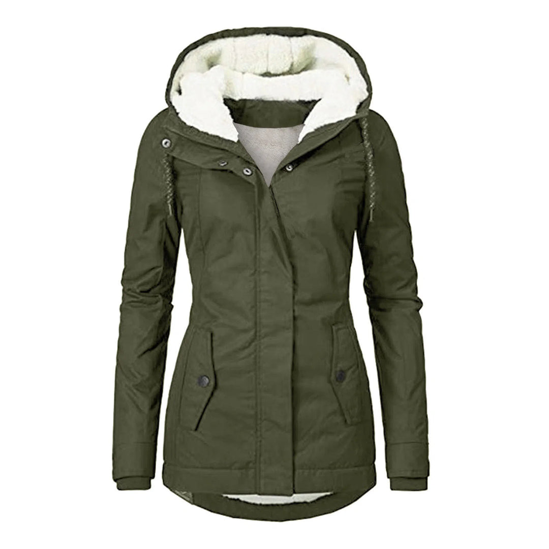 Full view of women's fleece lined parka showing relaxed fit and functional button pocket details