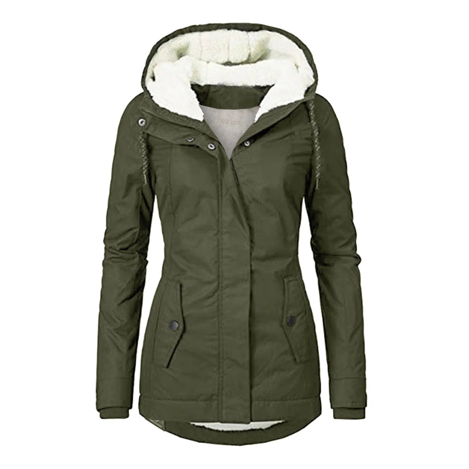 Full view of women's fleece lined parka showing relaxed fit and functional button pocket details