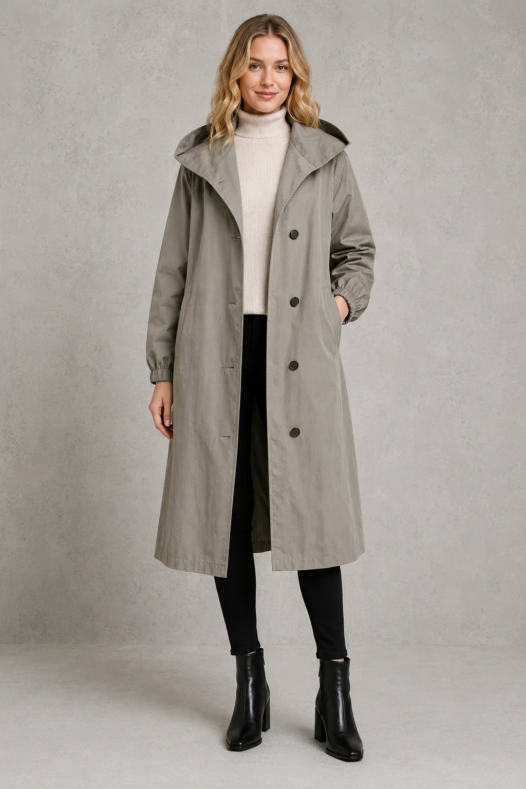 Women's oversized hooded trench coat in light grey with longline silhouette and double-breasted button closure