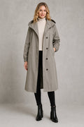 Women's oversized hooded trench coat in light grey with longline silhouette and double-breasted button closure