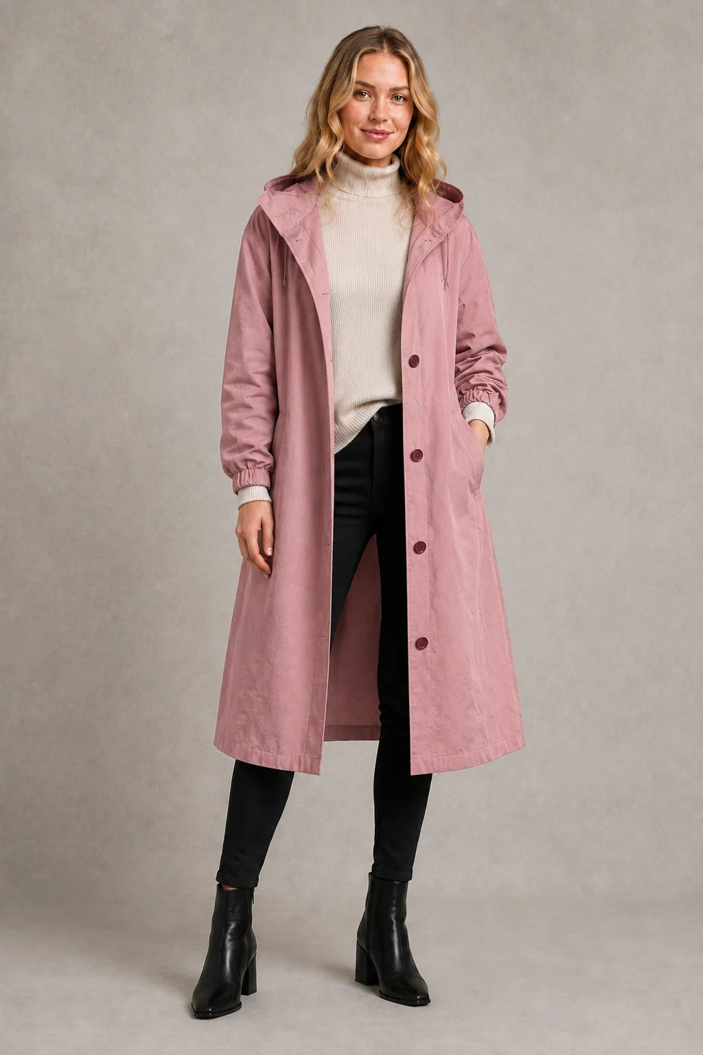 Full-length view of oversized trench coat with hood and practical weather protection features