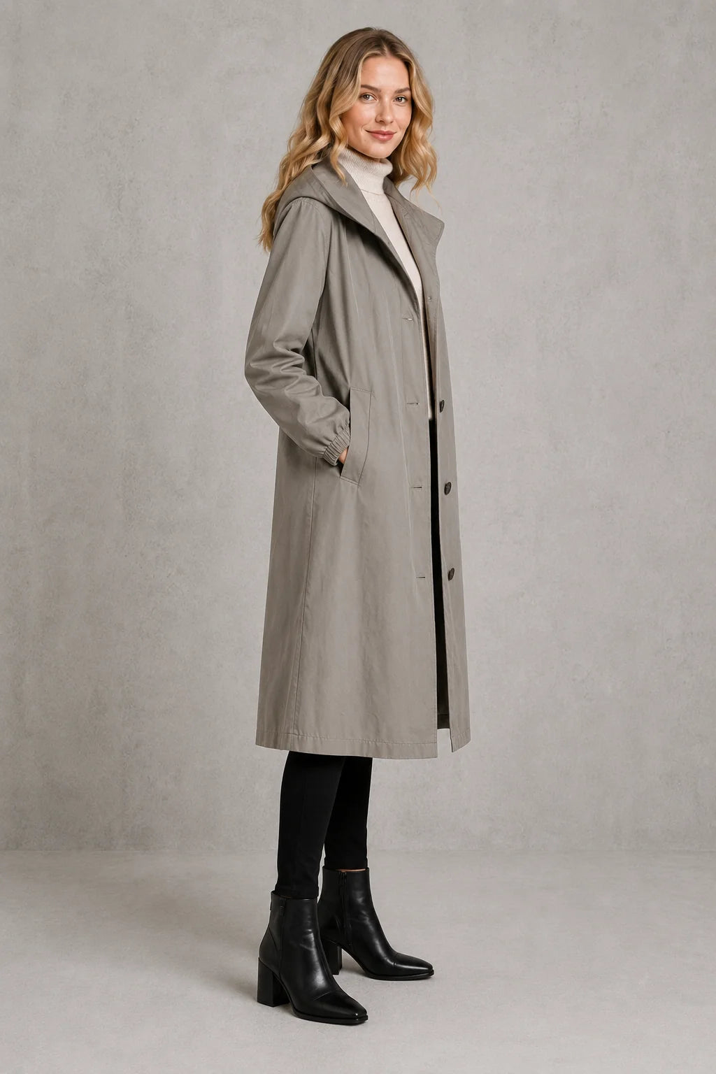 Front view of women's waterproof trench coat with adjustable hood and relaxed fit over knitwear