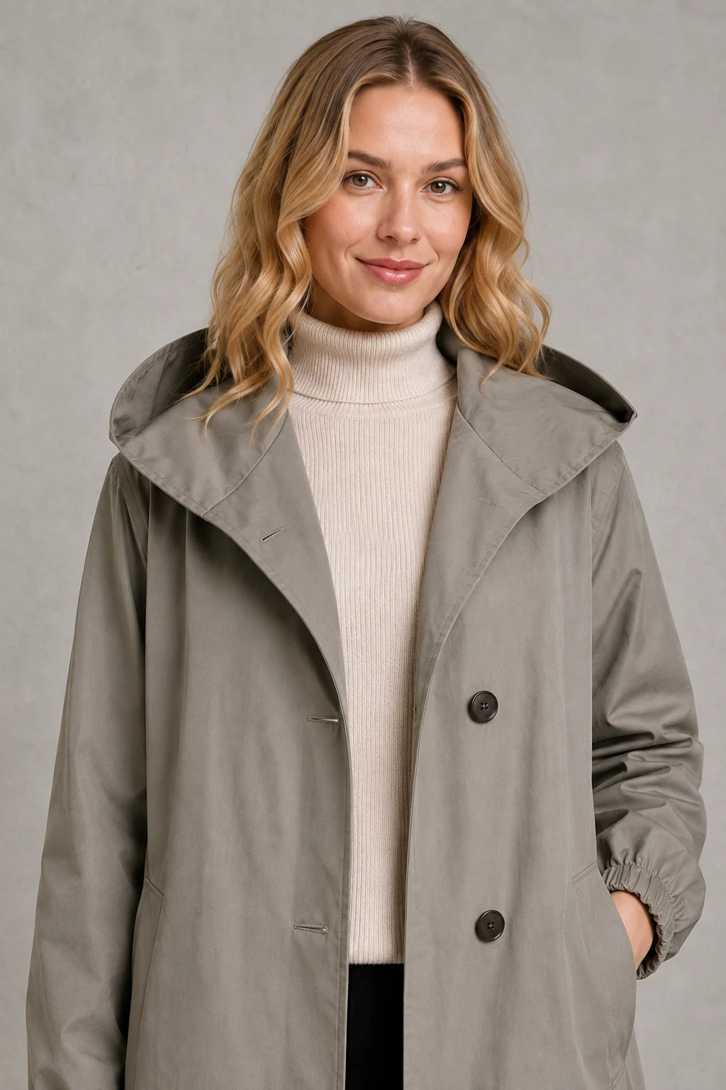 Women's oversized trench coat styled with black trousers and ankle boots for everyday wear