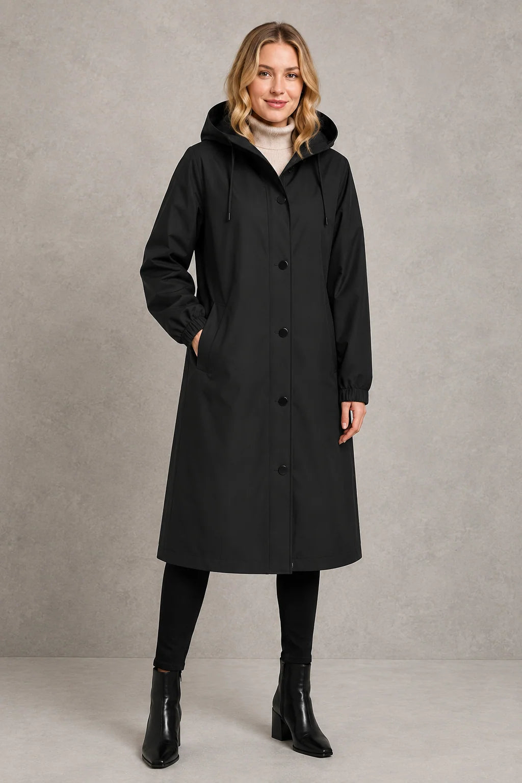 Close-up of trench coat hood with adjustable drawstring and wide notched collar detail