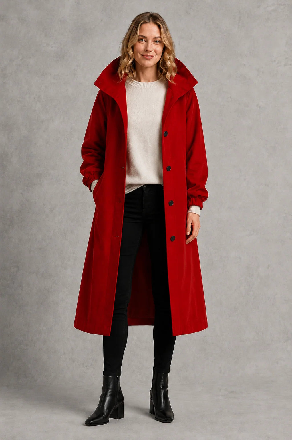 Back view of longline trench coat showing full-length coverage and structured drape