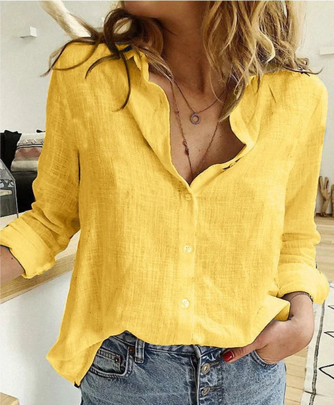 Back view of women's relaxed linen shirt showing regular length and loose fit