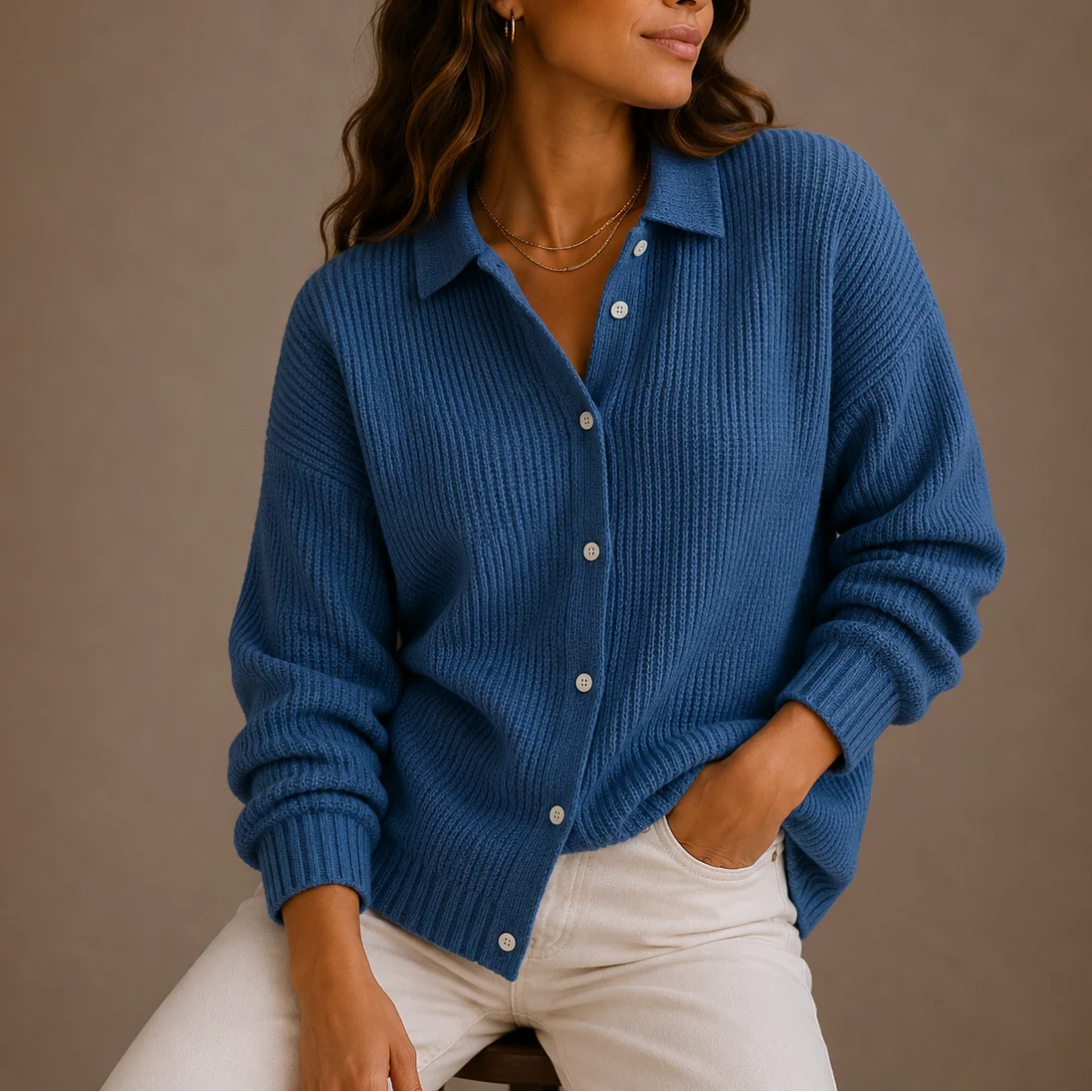 Women's ribbed knit cardigan with classic collar and button-up front in deep blue shade