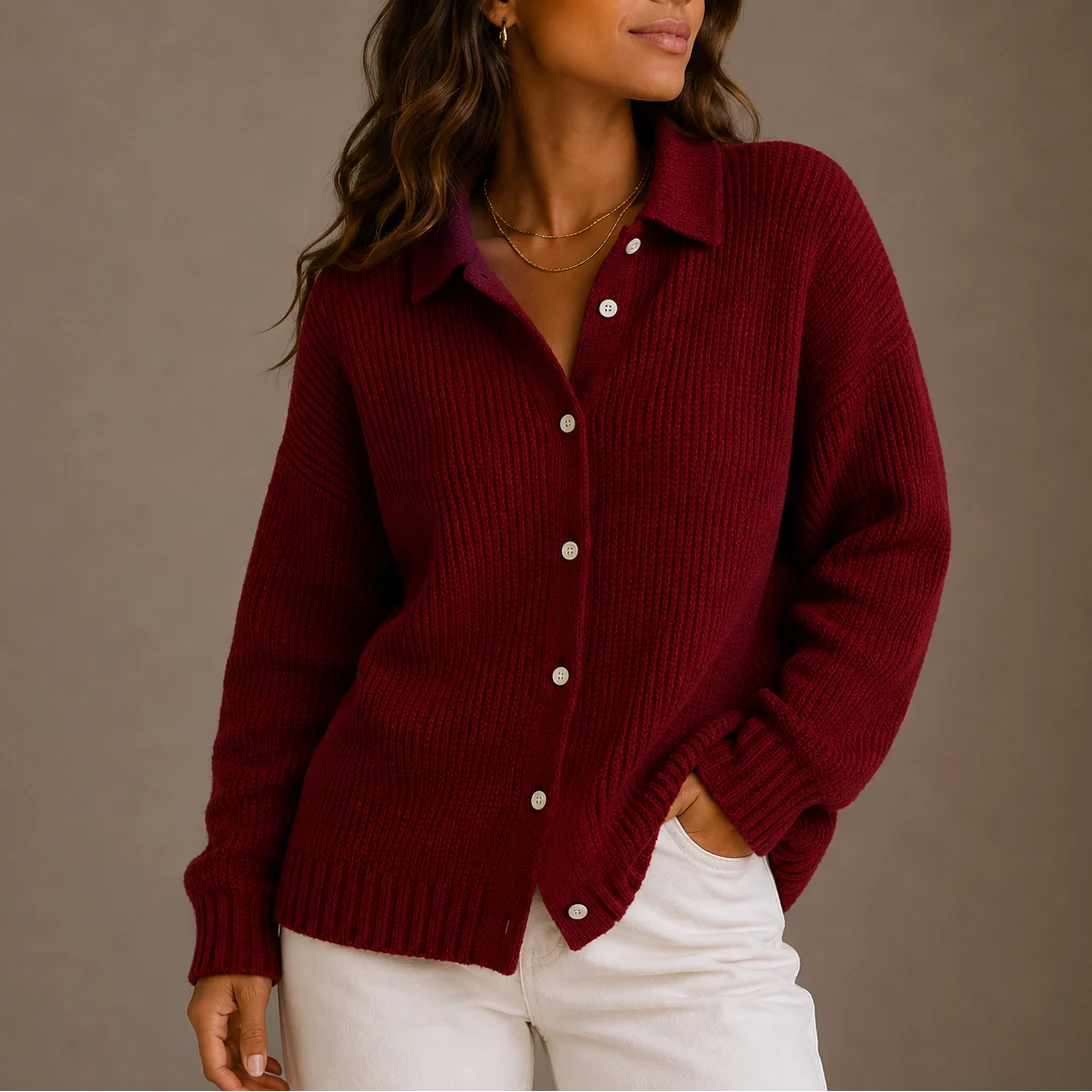 Relaxed fit women's ribbed cardigan featuring long sleeves and textured knit construction throughout