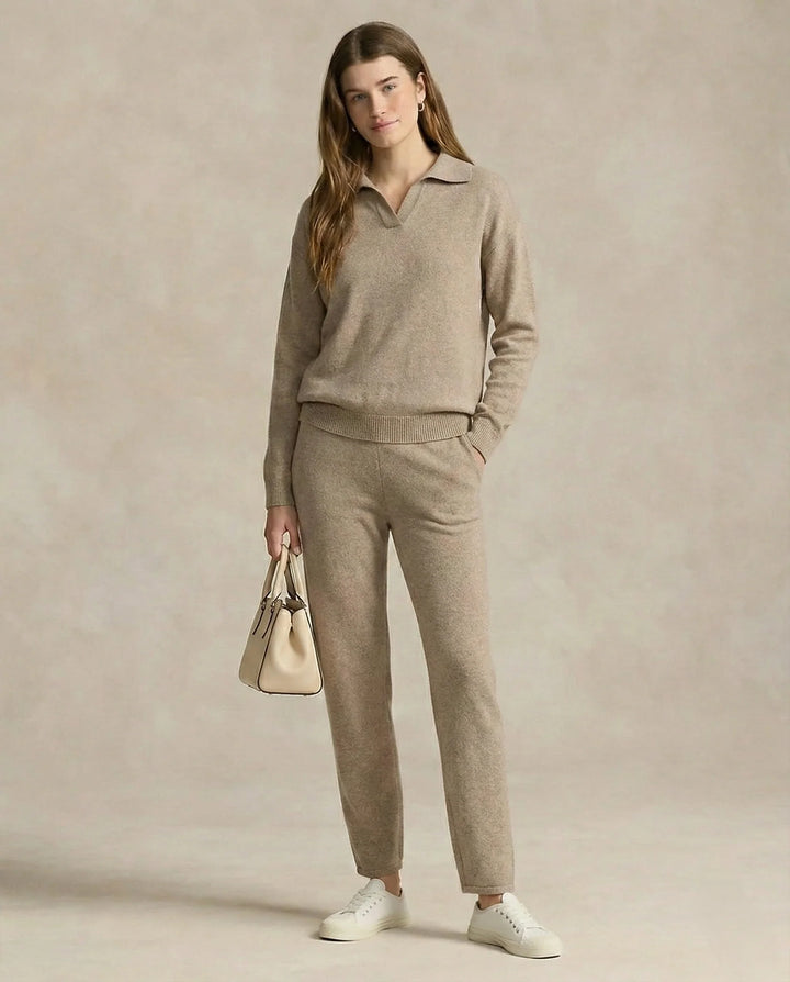 Woman in beige Merino lounge set styled with neutral background showing casual elegance