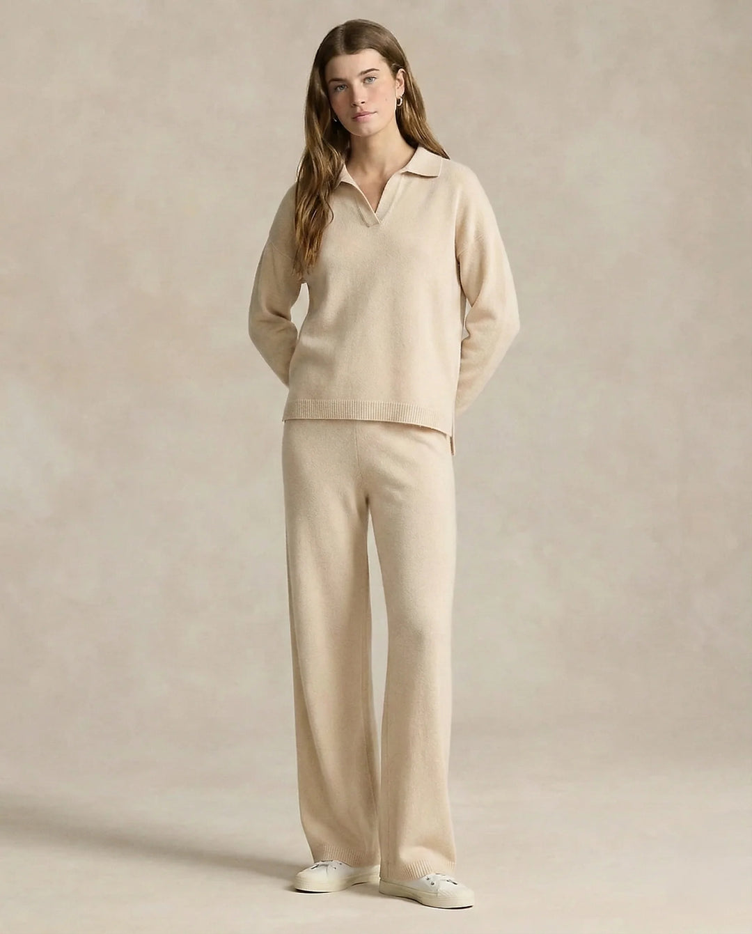 Detail of Merino lounge set jumper showing ribbed hem and soft knit construction