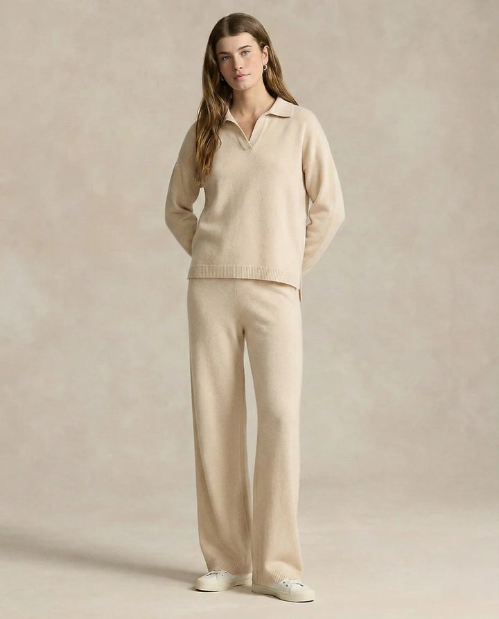 Detail of Merino lounge set jumper showing ribbed hem and soft knit construction