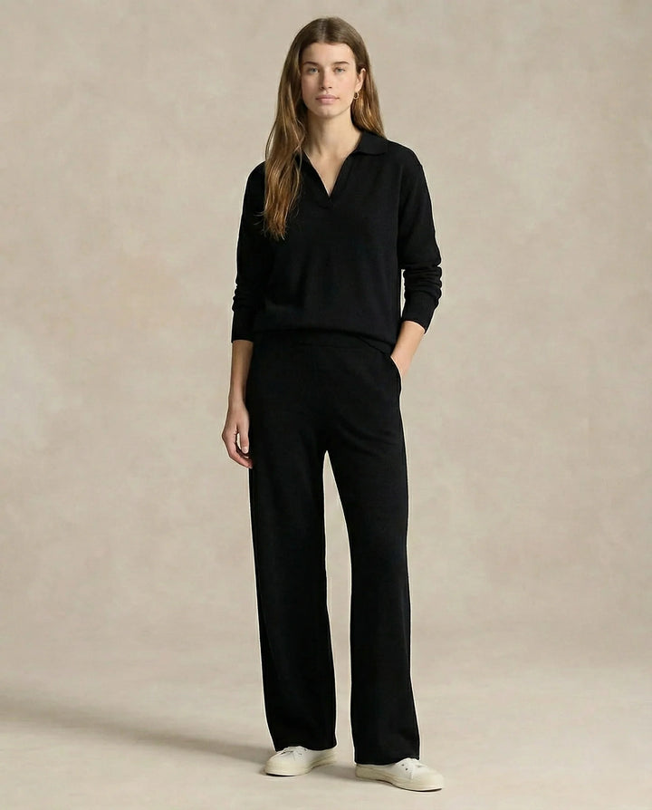 Side view of Merino lounge set jumper with ribbed cuffs and smooth knit fabric
