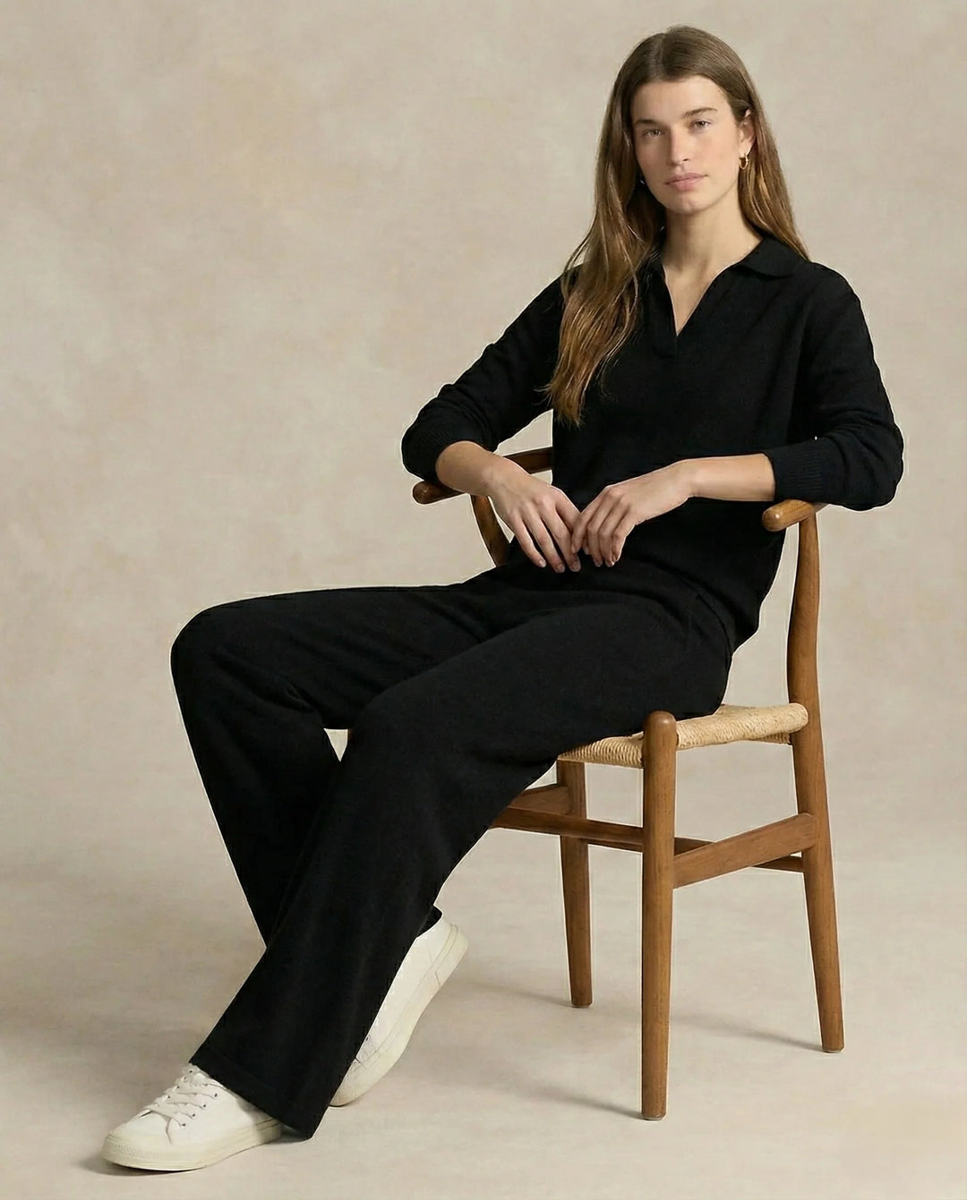 Woman in beige Merino lounge set styled for casual wear with neutral tones
