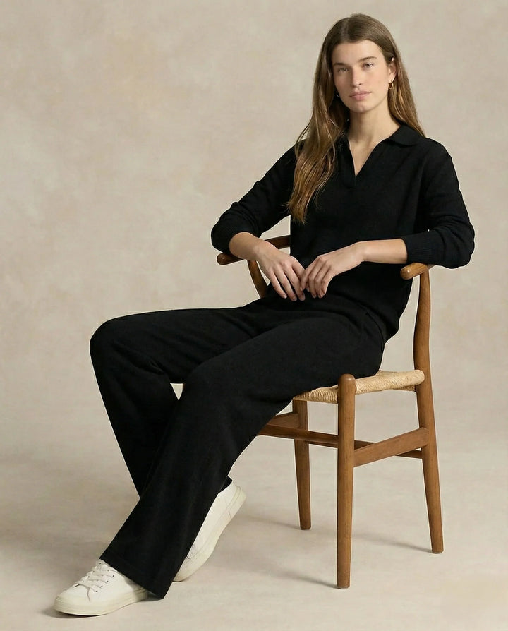 Woman in beige Merino lounge set styled for casual wear with neutral tones