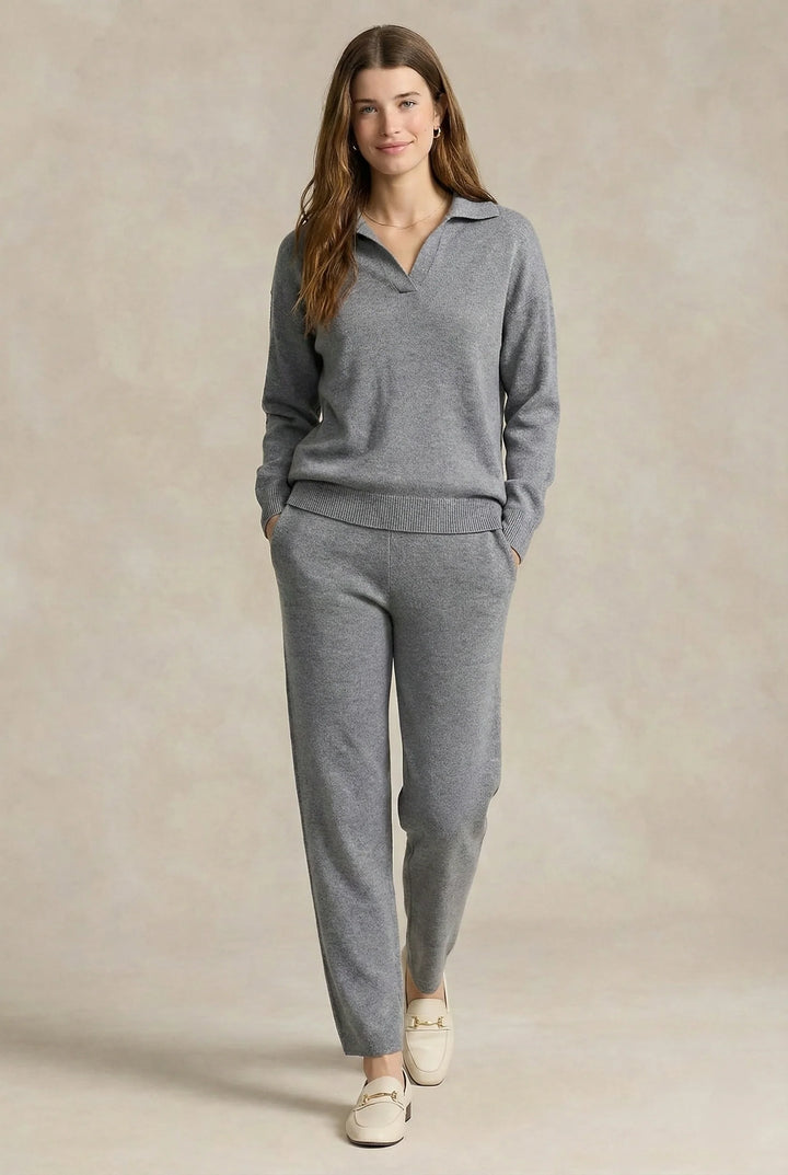 Full-length view of woman in beige Merino lounge set with polo collar and relaxed fit
