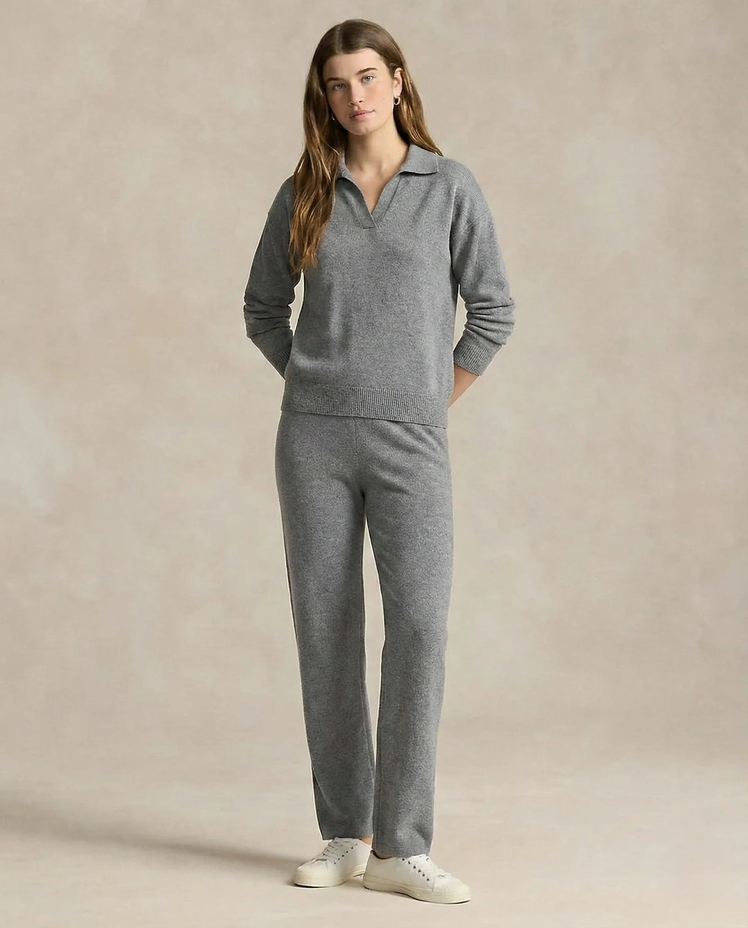 Close-up of Merino lounge set jumper ribbed cuffs and soft knit texture detail
