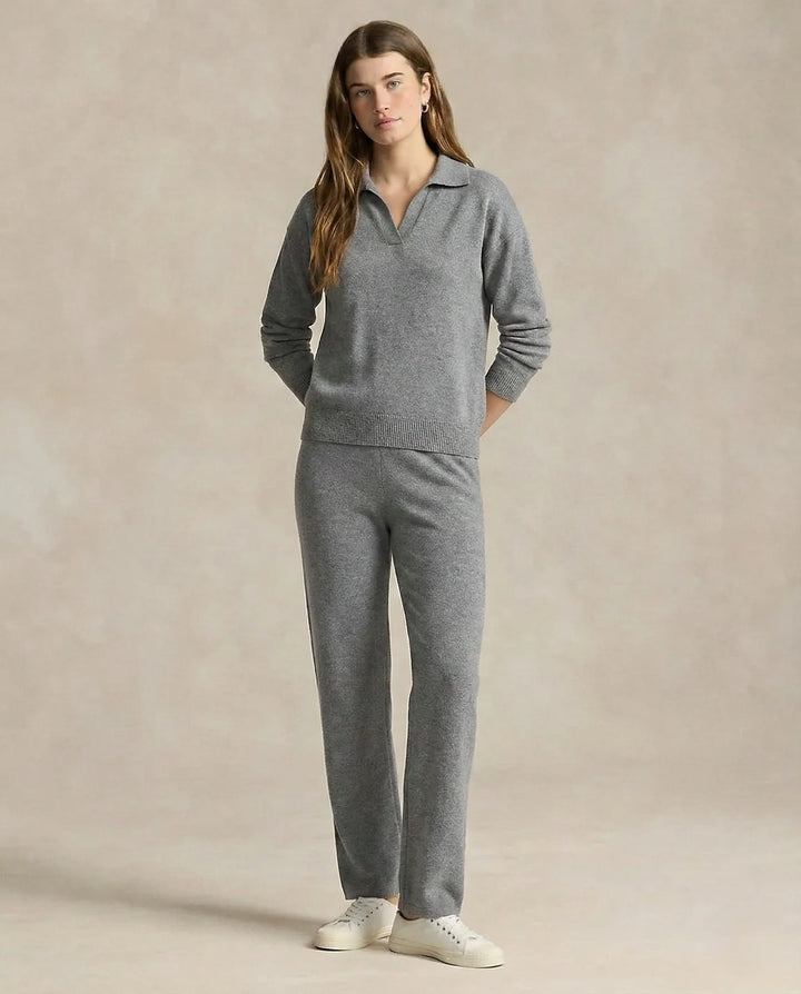 Close-up of Merino lounge set jumper ribbed cuffs and soft knit texture detail