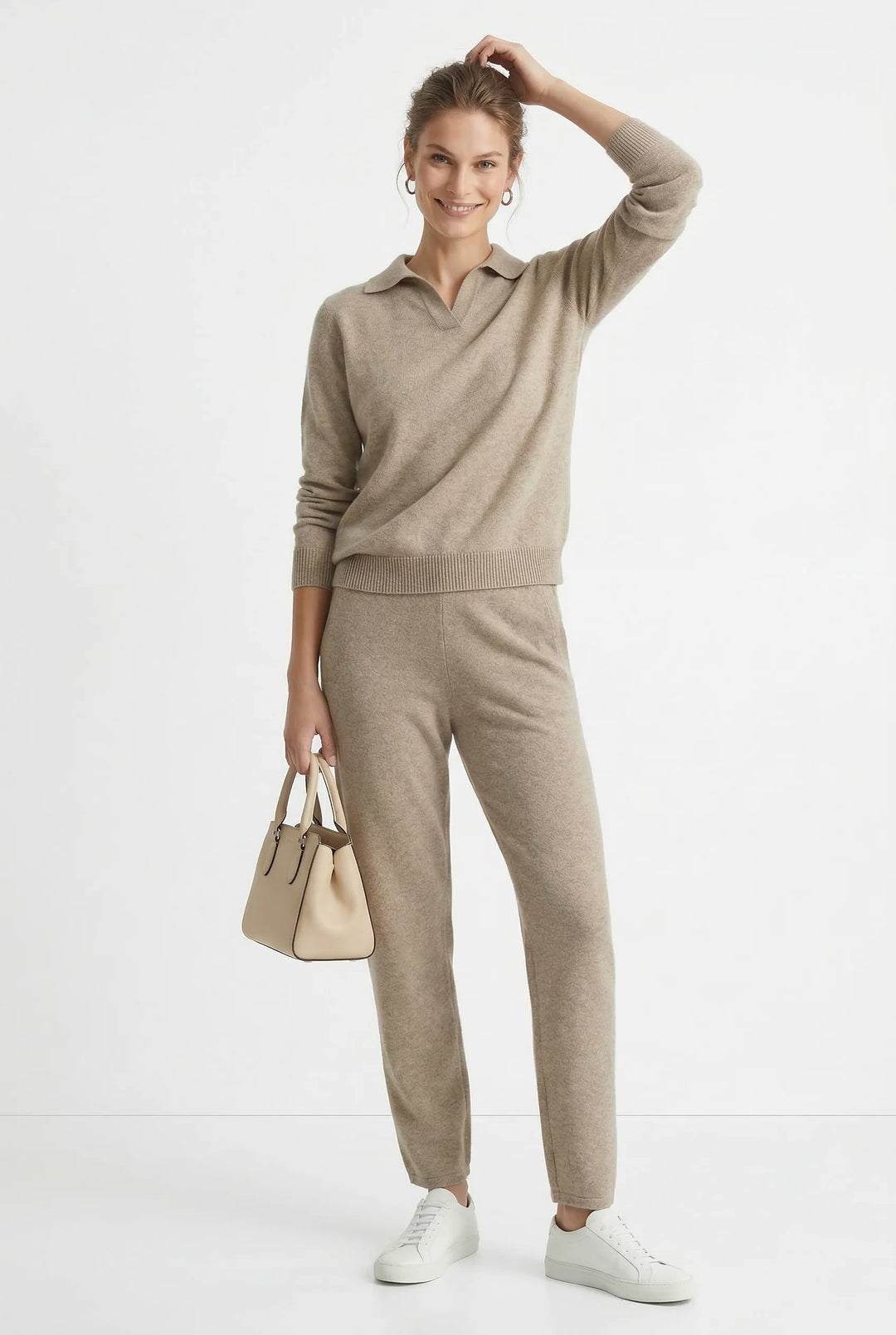 Detail of Merino lounge set polo collar and button placket on knit jumper