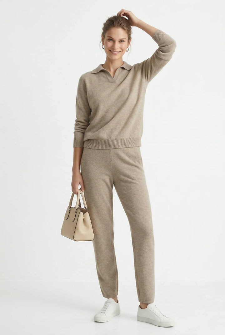 Detail of Merino lounge set polo collar and button placket on knit jumper