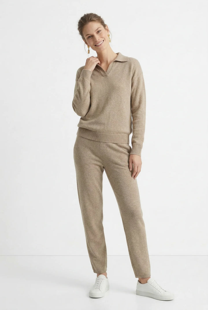 Side angle of Merino lounge set high-waisted trousers with comfortable fit and soft drape