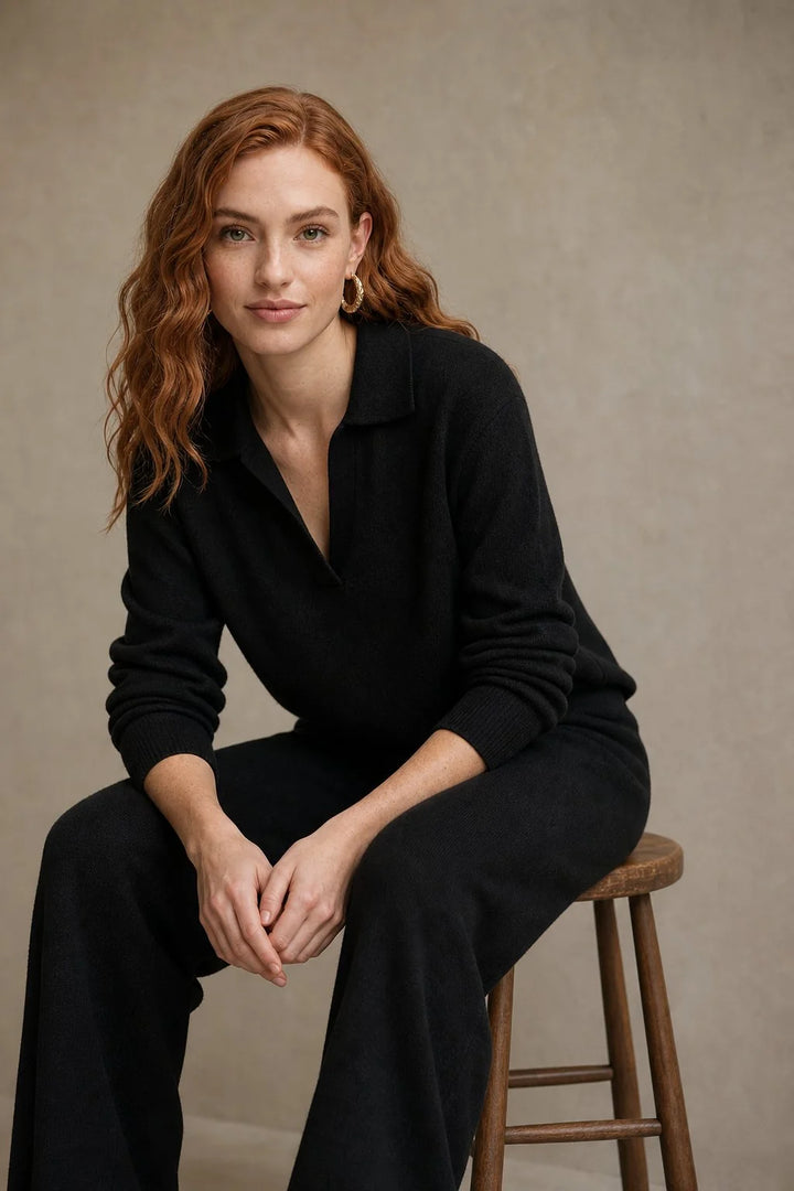 Full-length view of woman in beige Merino lounge set styled for casual day wear