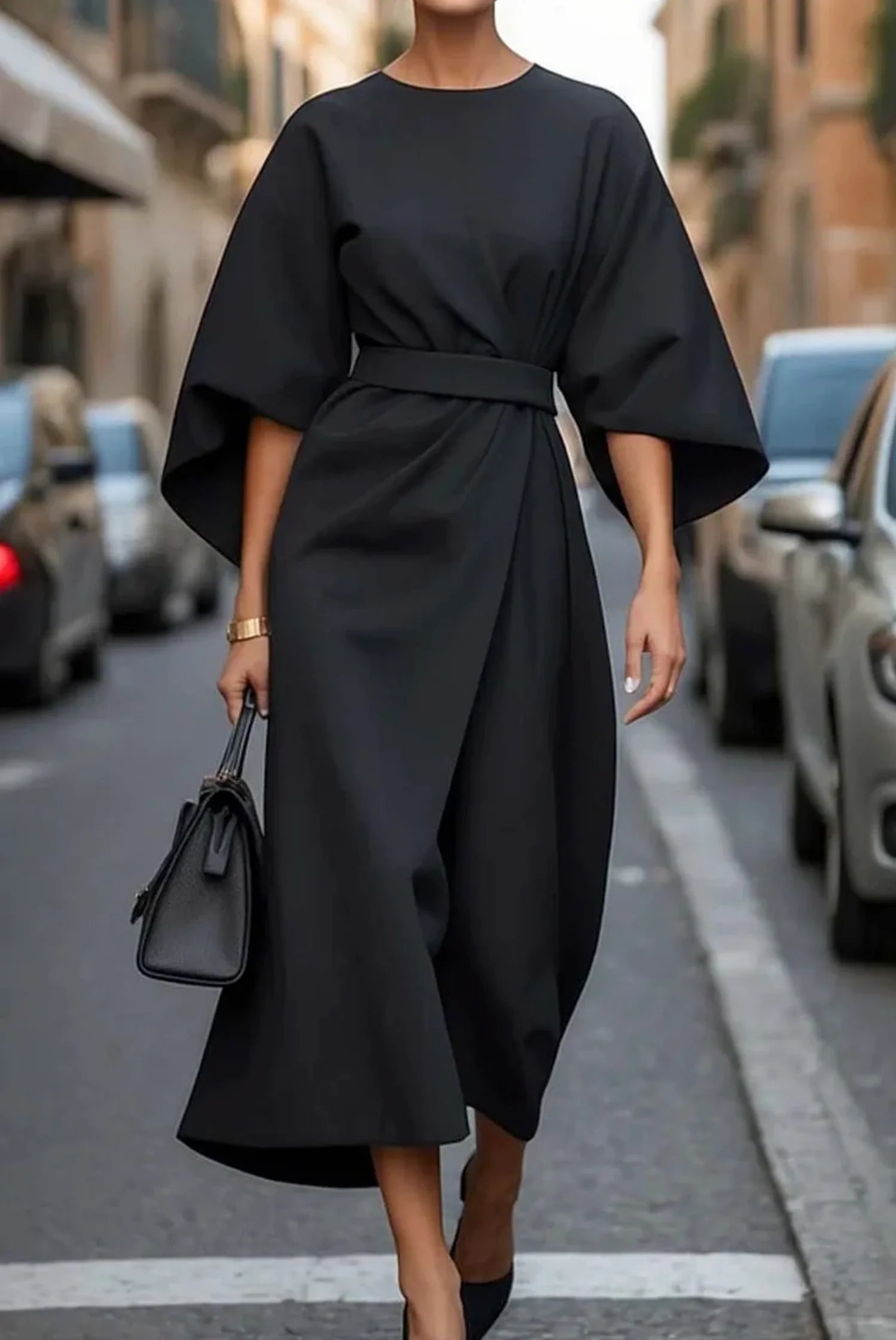 Midi dress with kimono sleeves and waist-tie belt in structured fabric for formal occasions