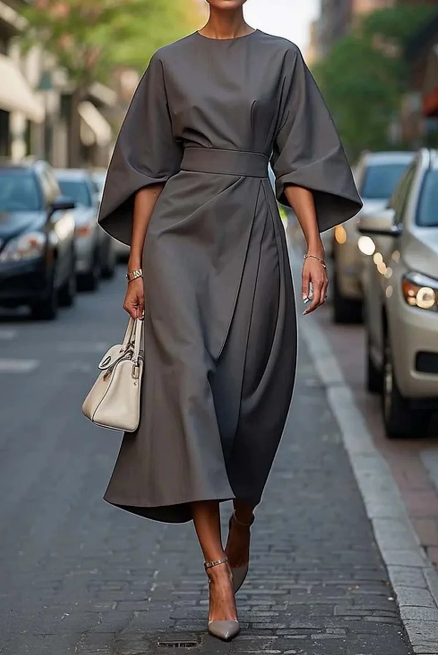 Detail of round neckline and wide kimono sleeve construction on midi dress