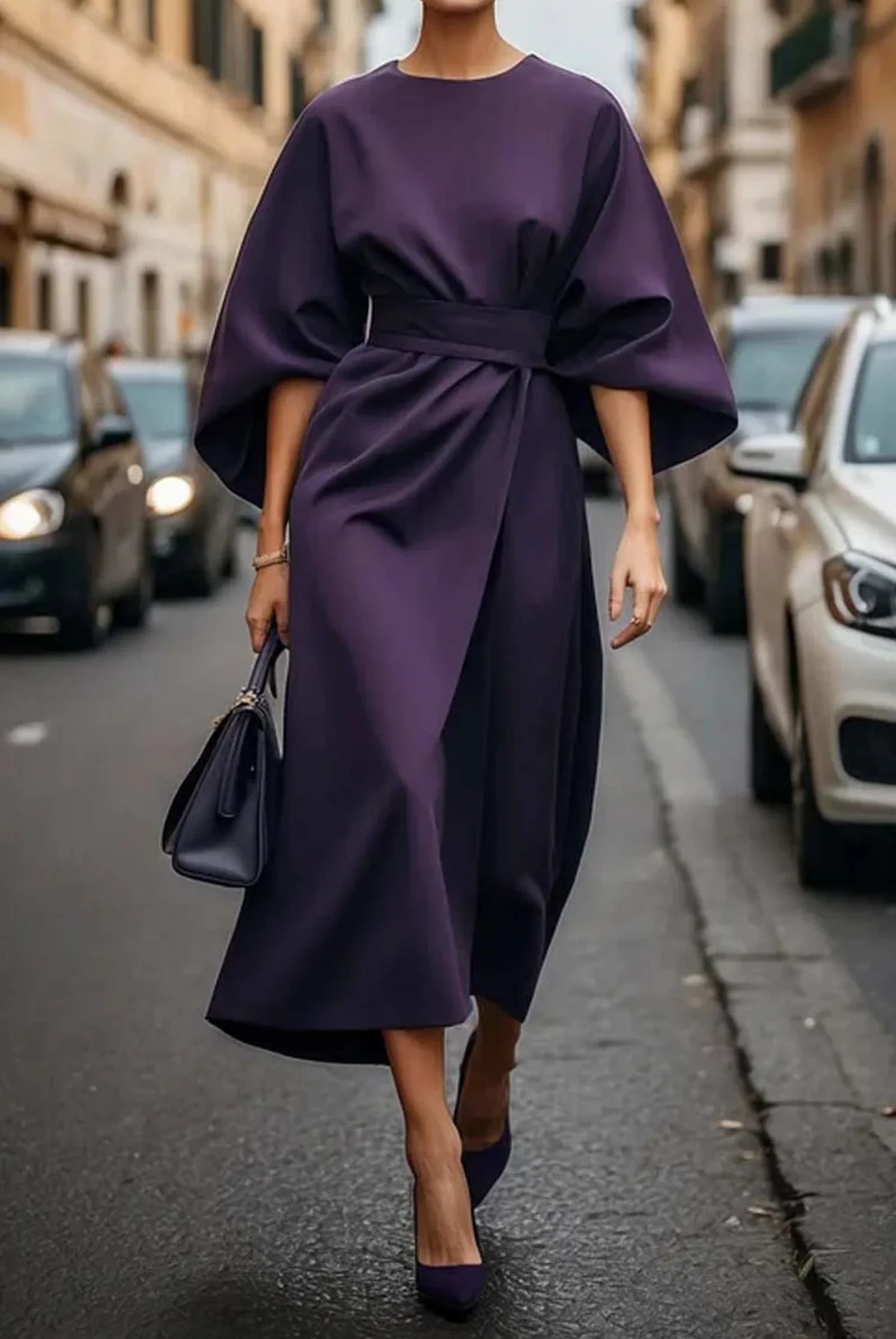 Full-length view of midi dress showing relaxed fit and waist-defining belt