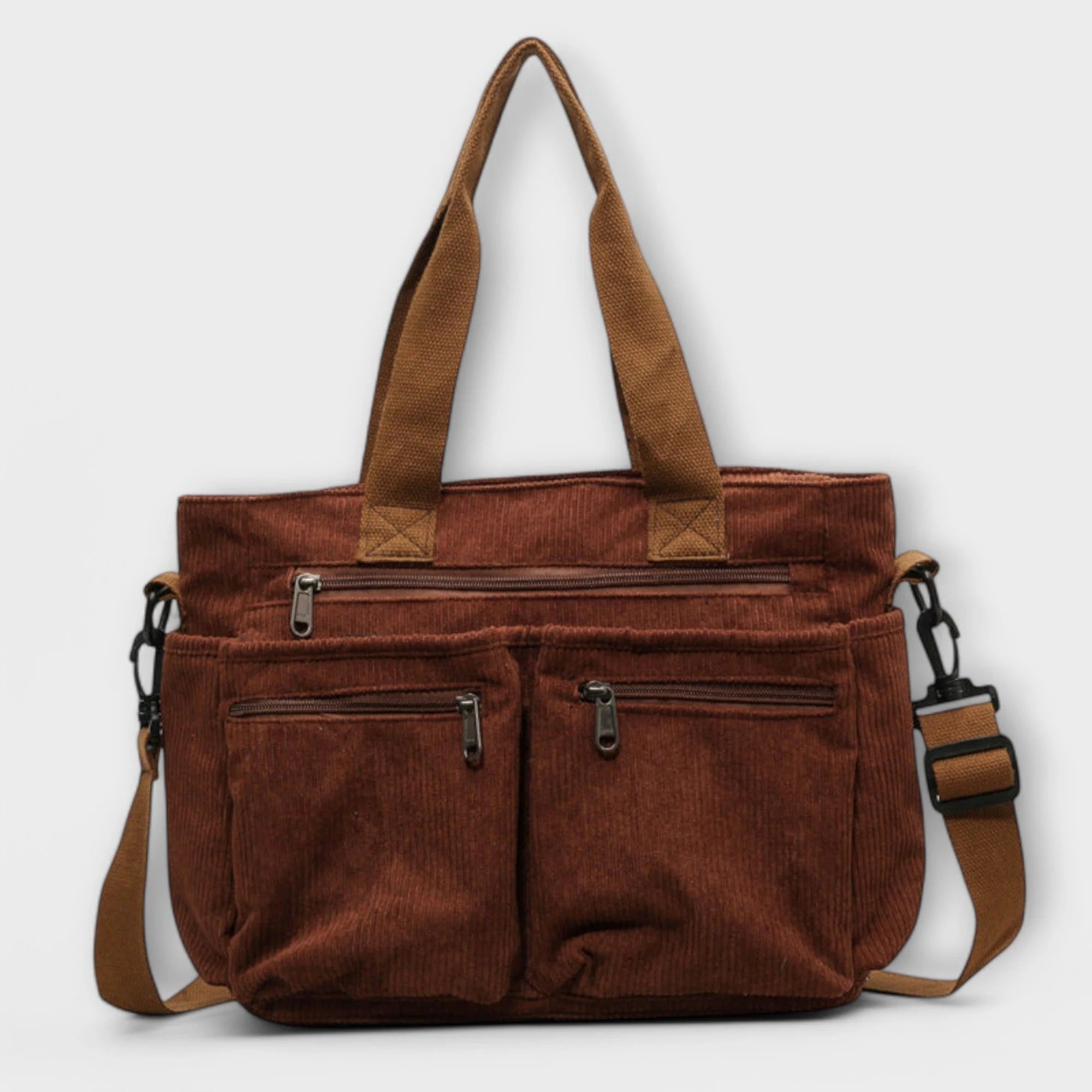 Women's corduroy tote bag in brown with dual handles and adjustable shoulder strap