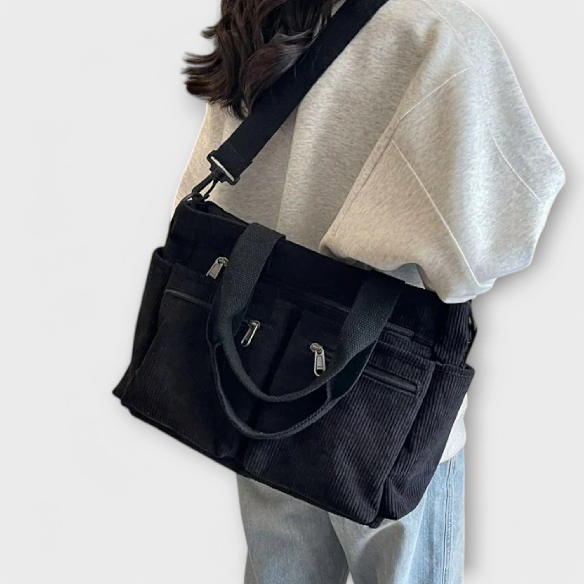 Close-up of zip pulls and hardware on brown corduroy tote bag