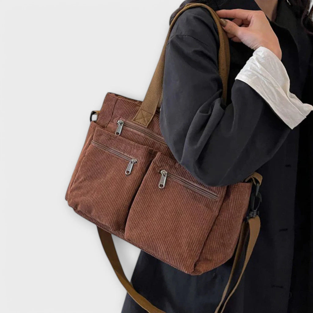 Women's corduroy tote bag with multiple pockets for organised storage
