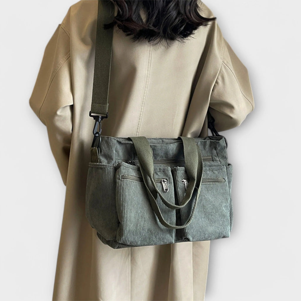 Women's brown corduroy tote bag suitable for work and casual wear