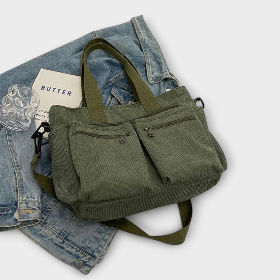 Women's corduroy tote bag with spacious interior and zip closure