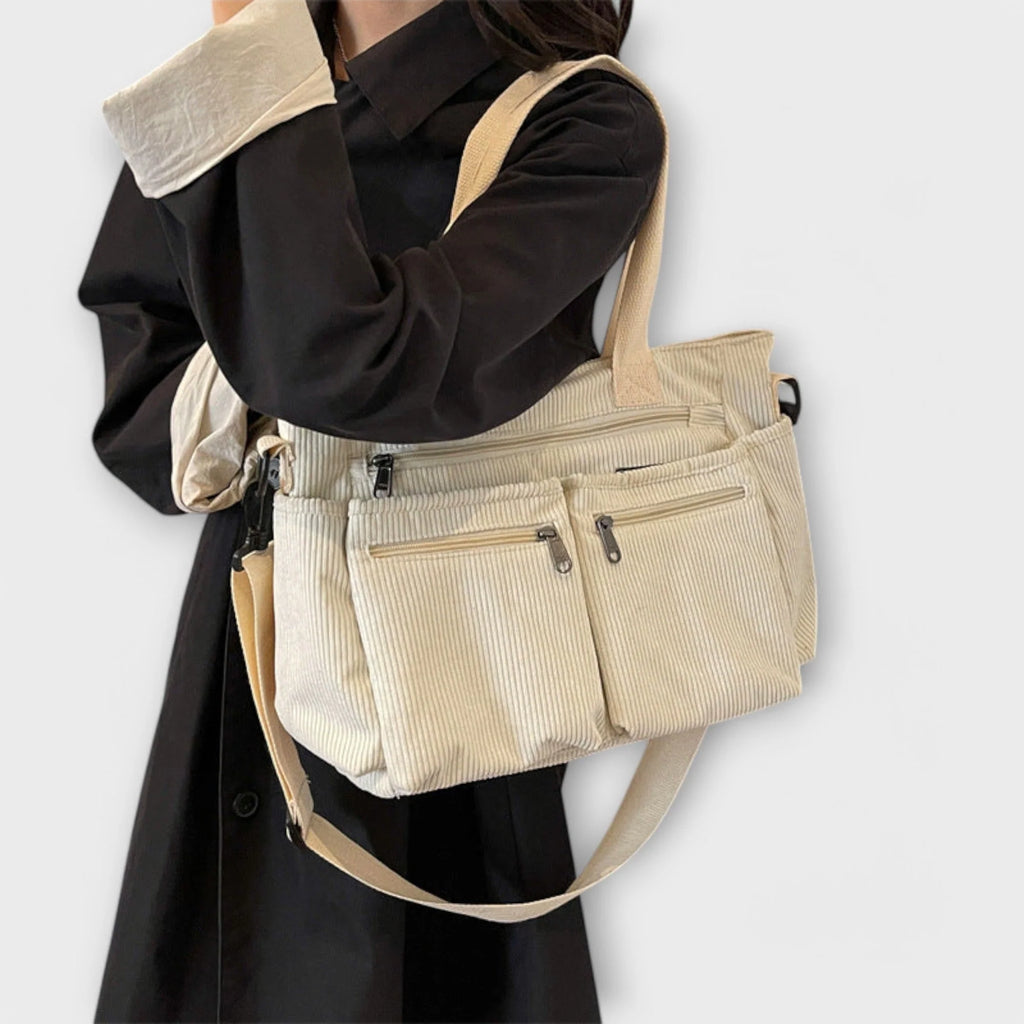 Brown corduroy tote bag for women with multiple organisational pockets