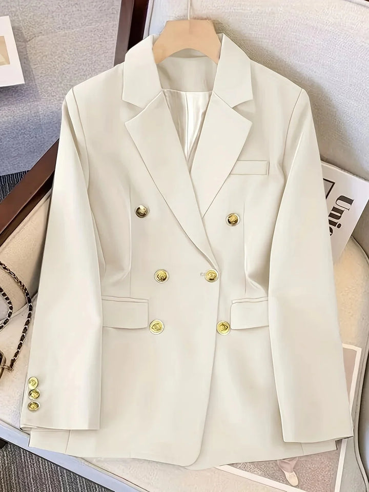 Women's double breasted blazer styled on hanger showing refined tailored silhouette