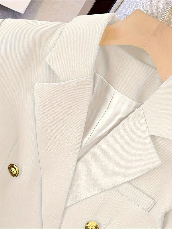 Full length view of women's tailored blazer displaying notch lapel and double breasted front