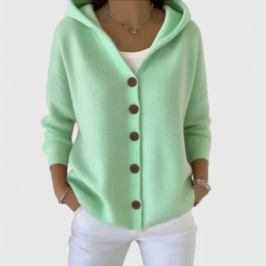Women's hooded cardigan in mint green with button-front closure and relaxed fit