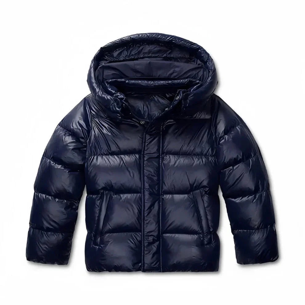 Back view of women's quilted puffer jacket showing structured silhouette and hood