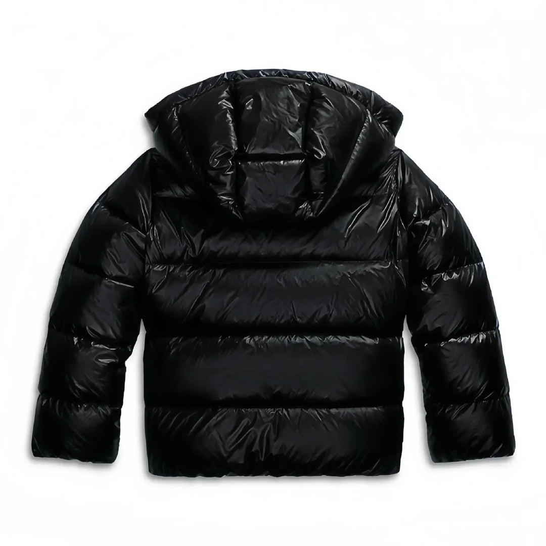 Women's cropped puffer jacket in navy with hood and zip closure for layering