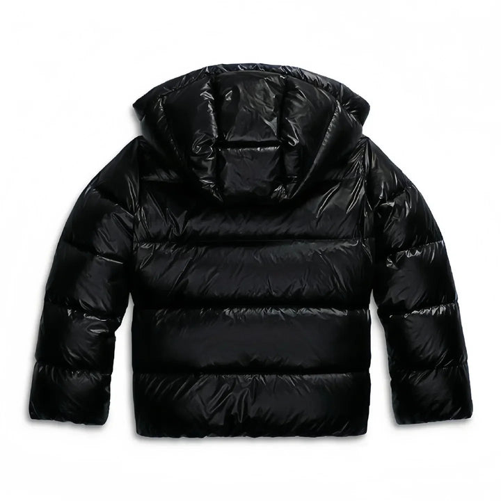 Women's cropped puffer jacket in navy with hood and zip closure for layering