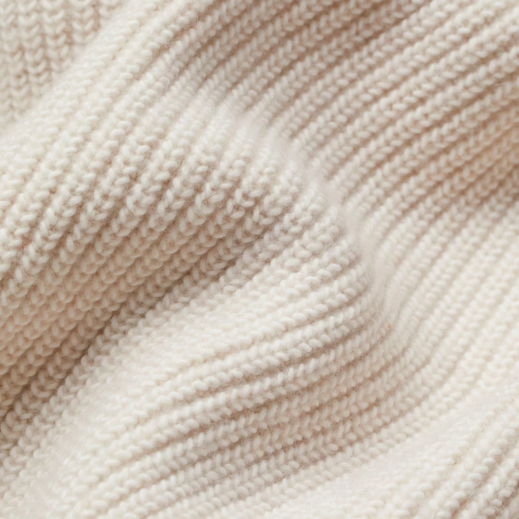 Detail shot of ribbed cuffs and open-front design on oversized knit cardigan