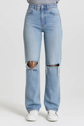 Women's straight leg jeans with high waist and ripped knee detail in light wash denim