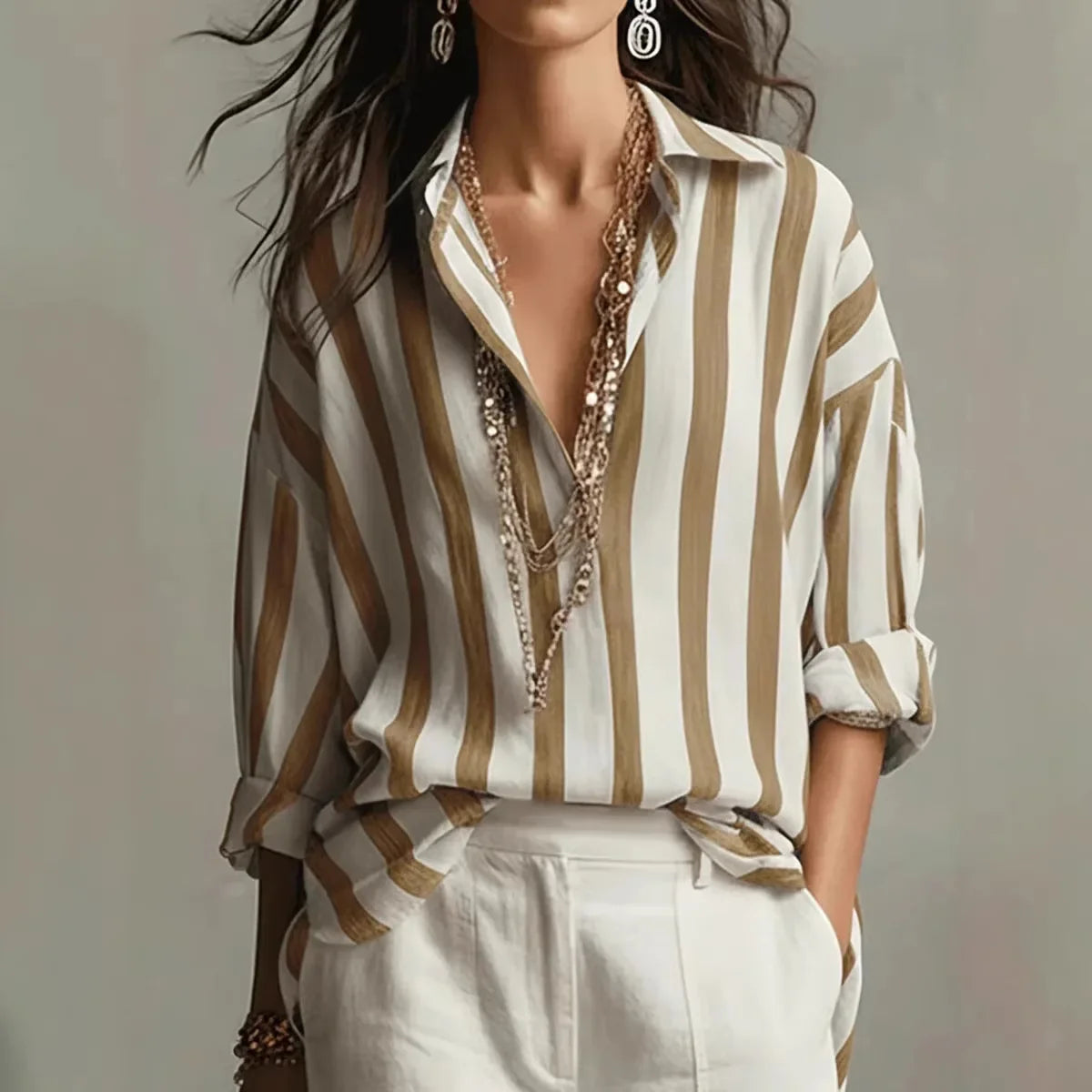 Close-up view of vertical stripe pattern on women's linen shirt with collared neckline