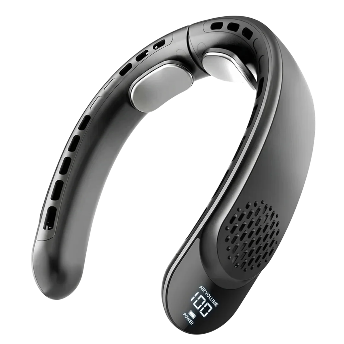 Men's bladeless neck fan with quad-core turbine design and digital display on black background